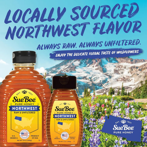 24 (Pack 1) Sue Bee Local Northwest Honey, Raw & Unfiltered, Beekeeper-Owned Co-Op, Product of USA, Regional Honey