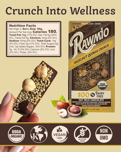 2.12 oz, Pack 1 Rawmio Hazelnut Quinoa Crunch Bark - Vegan Chocolate Bars