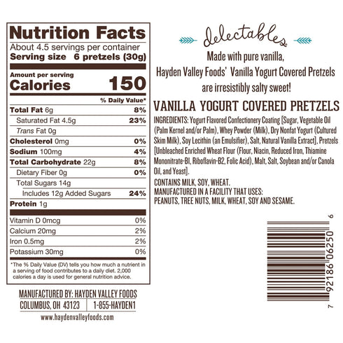 5 oz Hayden Valley Foods Vanilla Yogurt Flavored Covered Pretzels | Resealable Bag | Gourmet White Pretzels