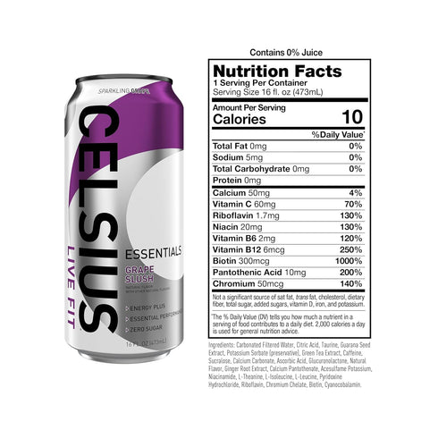 16 Oz (Pack 12) CELSIUS Essentials Sparkling Grape Slush, Sugar Free Performance Energy Drink, Can, Fl
