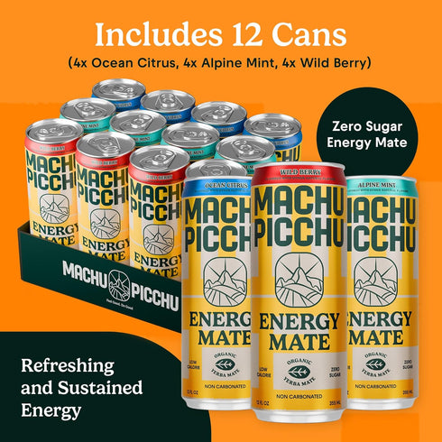 12-Pack 120mg 12oz MACHU PICCHU Variety Zero Sugar Energy Mate Drink Non-Carbonated Yerba Mate, Organic Caffeine