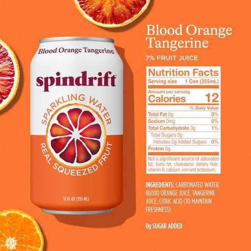 12 Pack 8 Spindrift Sparkling Seltzer Water, Blood Orange Tangerine Flavored, Made with Real Squeezed Fruit, Fluid