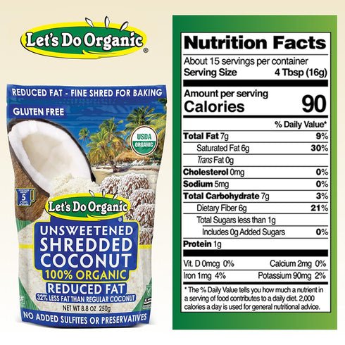 Lets Do Organic Shredded Coconut Unsweetened, 8.8 Oz (Pack of 1) - Reduced Fat Coconut Shreds
