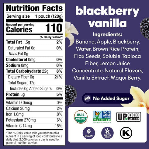 4.22 oz, 12 Count Noka Superfood Fruit Smoothie Pouches, Blackberry Vanilla, Healthy Snacks with Flax Seed, Plant