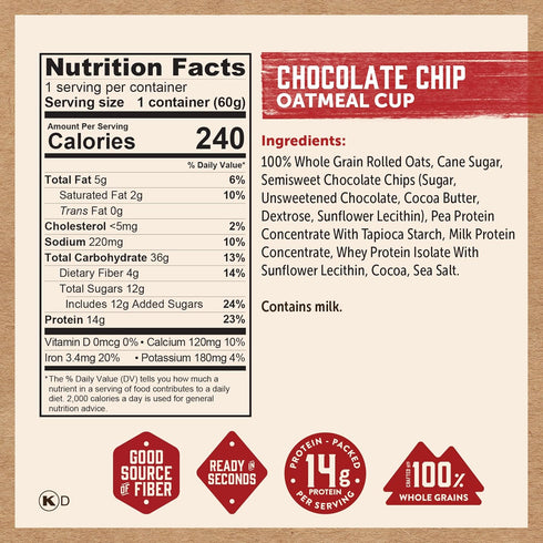 2.12oz (Pack 12) Kodiak Cakes Instant Protein Chocolate Chip Oatmeal in a Cup