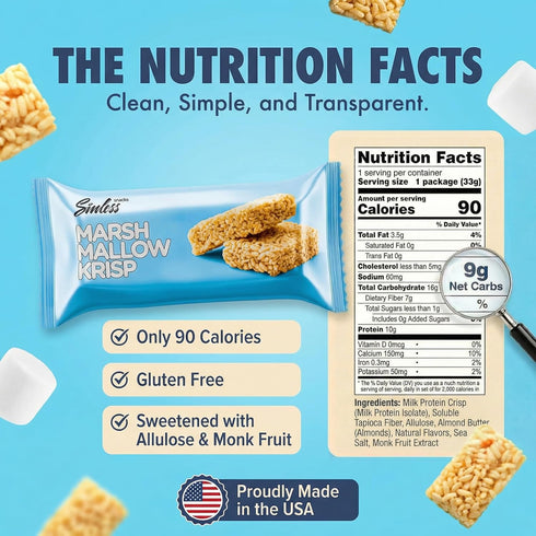 10g 2g 8 Sinless Snacks Delicious Marshmallow Krisp Bar - Low Carb Keto Snack - Protein Net Carbs - New Improved