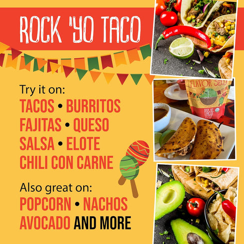 Flavor Seed Rock Yo Taco Gluten Free Organic Taco Seasoning Mix. Mexican Seasoning. Popcorn Seasoning. Seasonings And Spices For Cooking. Plant Based, Preservative Free, Non Gmo, Keto, Paleo, Kosher, Dairy Free, Vegan. Glass Shaker Jar. 2.6 oz.