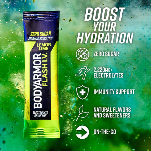 Packets, Packs, (6 Count) BODYARMOR Flash IV Electrolyte Lemon Lime - Zero Sugar Drink Mix, Single Serve Coconut Water