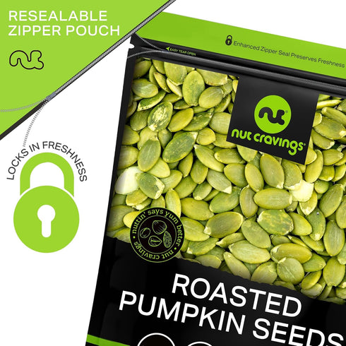 (16oz 1 LB) Packed NUT CRAVINGS - Roasted & Unsalted Pumpkin Seeds, Pepitas, No Shell - Fresh in Resealable Bag - Nut