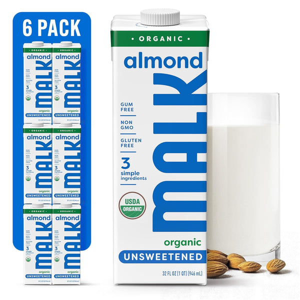 MALK Almond Milk Unsweetened (32oz, Pack of 6) - Shelf Stable Organic