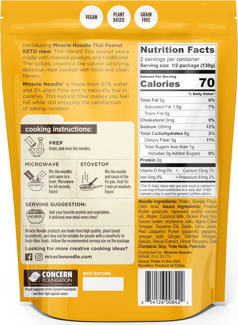 10 Oz (Pack 6), 70 Miracle Noodle Thai Peanut Ready To Eat Meal, of Plant Based Shirataki Konjac Noodles, Calories Per