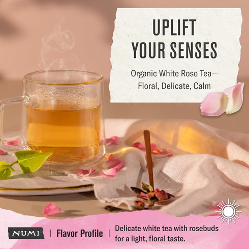 16 Numi Organic White Rose Tea, Tea Bags, White Tea & Fragrant Rosebuds, Low Caffeine