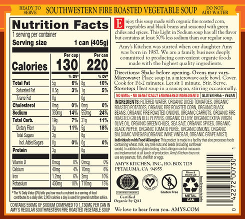 14.3 oz Amy's Soup, Organic Fire Roasted Vegetable with Black Beans, Light in Sodium, Vegan & Gluten Free