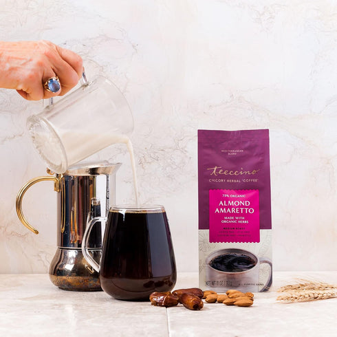 11 Teeccino Almond Amaretto Chicory Coffee Alternative - Ounce - Ground Herbal Coffee Thats Prebiotic, Caffeine Free