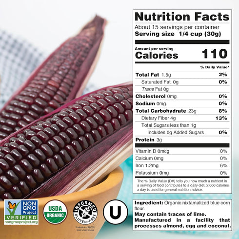 1lb, USDA Organic Blue Corn Flour Flour for Tortillas, Sopes, and Mexican Dishes, Gluten-Free, Kosher and Vegan, Masa