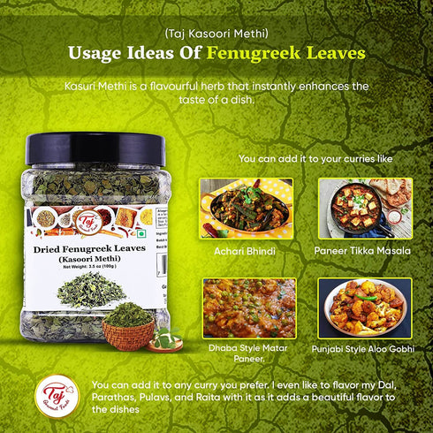 100g (3.5oz) TAJ Kasoori Methi, Dried Fenugreek Leaves Pouch |