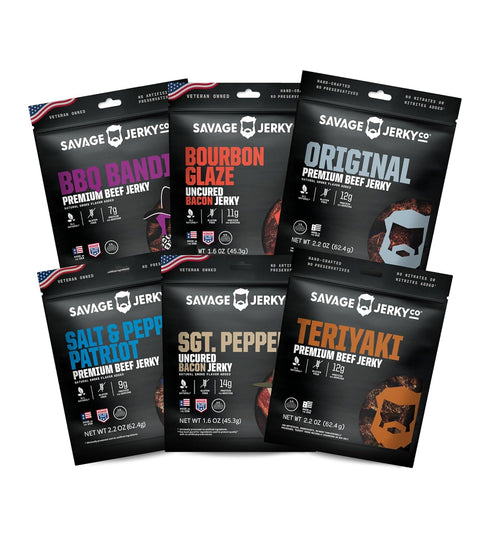 SAVAGE Bacon Jerky and Beef Jerky Variety - Salt & Pepper Patriot,