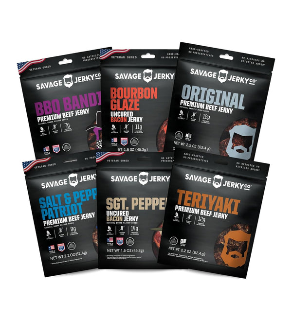 SAVAGE Bacon Jerky and Beef Jerky Variety - Salt & Pepper Patriot,