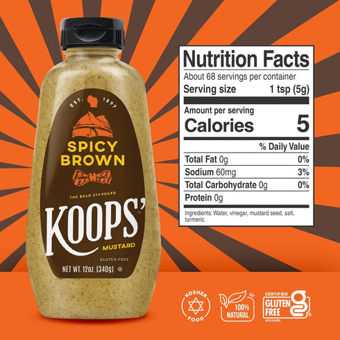12 Oz, Pack 1 Koops' Spicy Brown Mustard Spicy Mustard, Gluten-Free, Kosher, Made in USA, From Quality Mustard Seeds