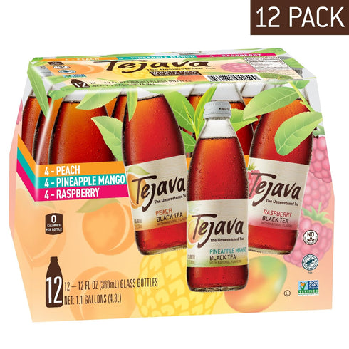 12 (12-Pack) Tejava Black Tea Sampler, ounce Glass, Unsweetened, Peach, Raspberry and Pineapple-Mango, Ready-to-Drink