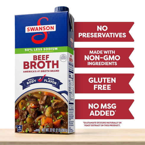 32 oz (Pack 4) Swanson Lower Sodium Beef Broth, Carton