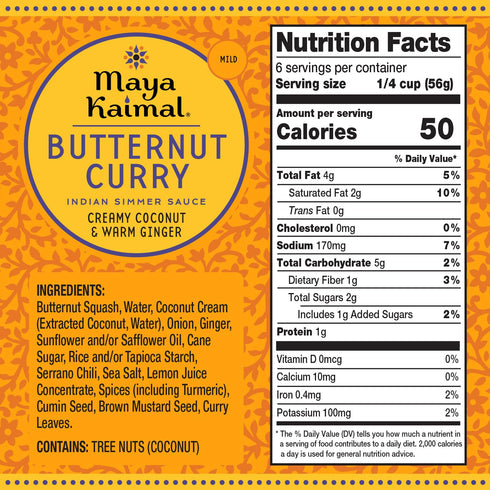 Simmer Simmer Maya Kaimal Butternut Curry Sauce, Mild Indian Sauce with Creamy Coconut and Warm Ginger, Vegan, Dairy