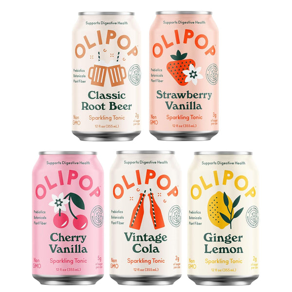 OLIPOP - 5-Flavor Soda Variety Pack, Healthy Soda Sampler, Prebiotic Soft Drinks,