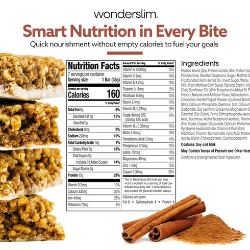 15g 20 (7ct) WonderSlim Meal Replacement Protein Bar, Cinnamon, Protein, Vitamins & Minerals, Gluten Free