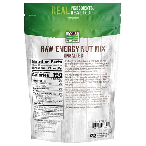 16-Ounce (Packaging NOW Foods, Raw Energy Nut Mix, Unsalted Mix of Raisins, Walnuts, Peacans, Almonds, Pumpkin Seeds