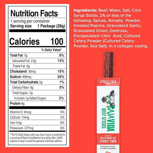 100% 1 Oz (Pack 16) Baja Beef Sticks - Jerky Meat Sticks, Healthy Meat Snacks for Adults, High Protein, Individually