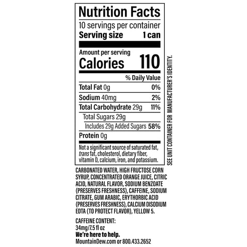 7.5 Oz (Pack 10) Mountain Dew Soda, Fl Mini Cans