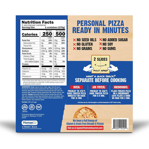 Against The Grain Frozen, 6oz Three Cheese Pizza Singles, Gluten-Free, Grain-Free, Seed Oil-Free, Single Serve Pizza