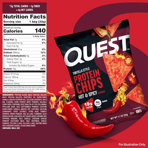 19g 4g 1.1 (Pack 12) Quest Nutrition Tortilla Style Protein Chips, Hot & Spicy, of Protein, Net Carbs, High Protein