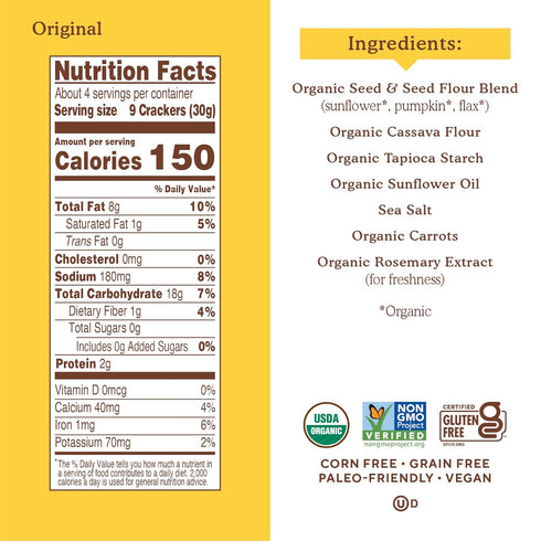 4.25oz, 3 Count Simple Mills Organic Seed Crackers, Original, Gluten Free, Flax Seed, Sunflower Seeds, Corn Free