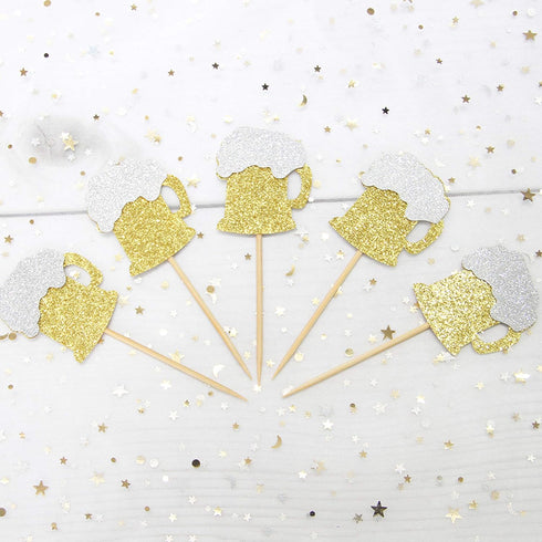 24 PCS Gold Glitter Beer Mug Cupcake Toppers, Food Cake Picks for Party Decor