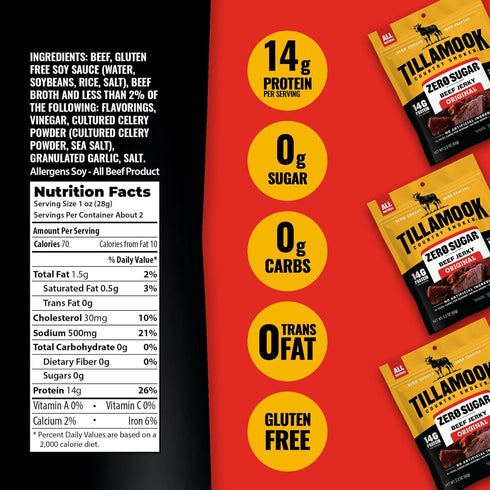 Country 6 2.2 14g Tillamook Smoker Zero Suagr Beef Jerky - Original, Teriyaki, Black Pepper, x Ounce Each, Slow-Smoked