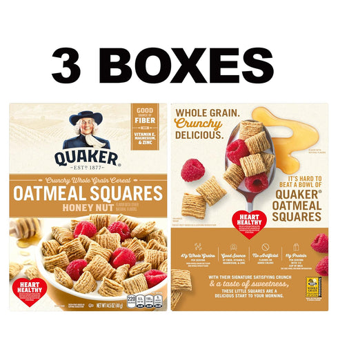 14.5 Oz (Pack 3) Quaker Oatmeal Squares Crunchy Whole Grain Breakfast Cereal, Honey Nut, Boxes