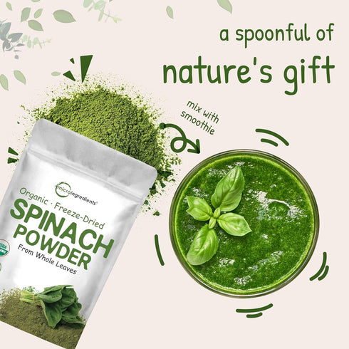 1 Sustainably US Grown, Organic Spinach Powder, Pound, Freeze Dried from Whole Leaf, Rich in Beneficial Thylakoids