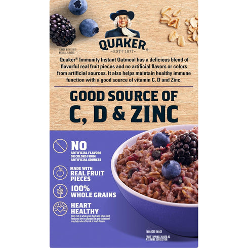 Immunity 1.41 oz Packets, (6 Pack) Quaker Instant Oatmeal, Blueberry Blackberry, Good Source of Vitamins C, D, & Zinc