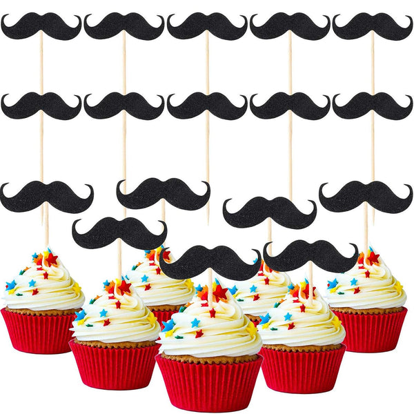 50 Pieces Mustache Cupcake Toppers, Mustache Birthday Cake Topper, Black Glitter Mustache Dessert Toppers for Baby