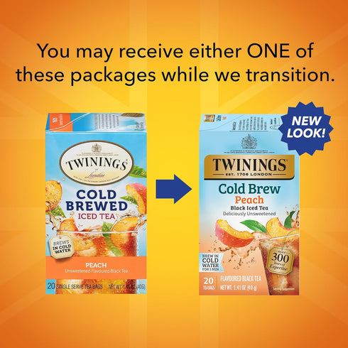 20 Count (Pack 1), 20 Twinings Peach Cold Brew Iced Tea Bags, of Unsweetened Flavoured Black Tea, Caffeinated, Teabags