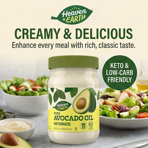 15 oz (2 Pack) 0g 0g Heaven & Earth Pure Avocado Oil Mayonnaise, | Keto Friendly | Net Carbs, Sugar | No Canola Oil, No