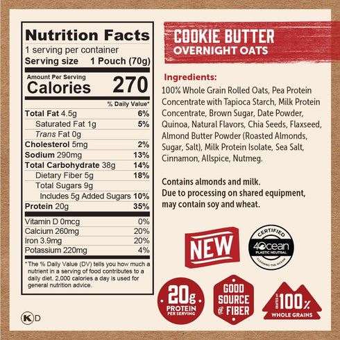 9 Kodiak Cakes Protein Overnight Oats, Cookie Butter, pouches