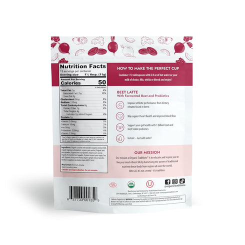 Organic Traditions Beet Latte, Instant Dairy Free Superfood Latte with Fermented Beetroot, 150g/5.3oz Bag