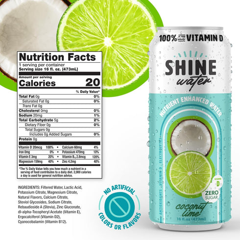 12-Pack, Shine Water Coconut Lime Vitamin D Electrolyte Drinks Sugar Free Flavored Water with Magnesium, Zinc