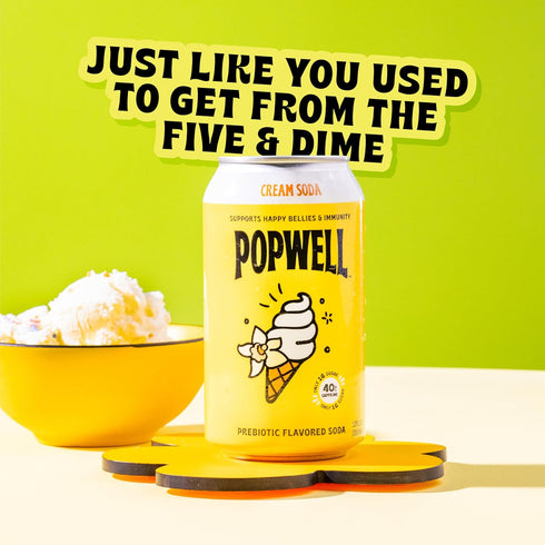 6g 1g Immunity 12 oz (pack 12) Popwell Cream Soda Caffeinated Better-For-You Prebiotic Soda, with Fiber, Sugar