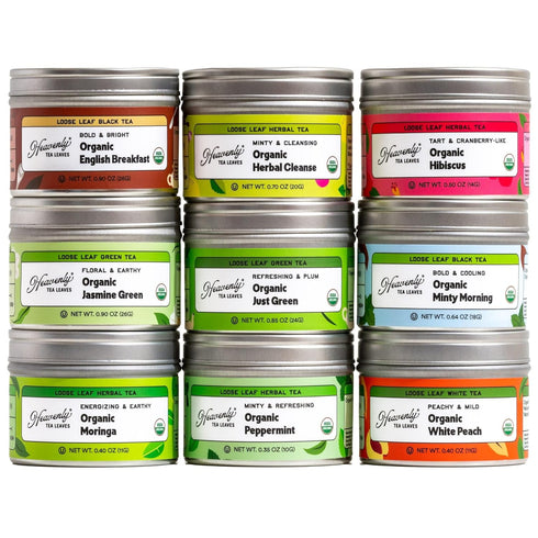 9 Pack, Set 90 Heavenly Tea Leaves Organic Flavor Variety Loose Leaf Tea Sampler Gift (Approx. Cups) | Assorted Green