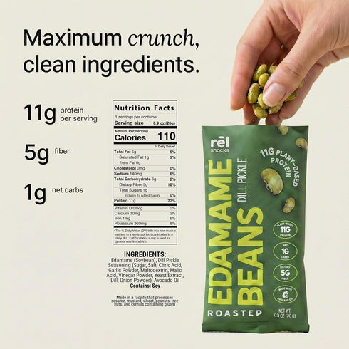 (11g 10 Pack, 0.9 oz Rel Snacks Dill Pickle Roasted Edamame Beans High Protein, Low Carb Snack Protein) Keto, Vegan