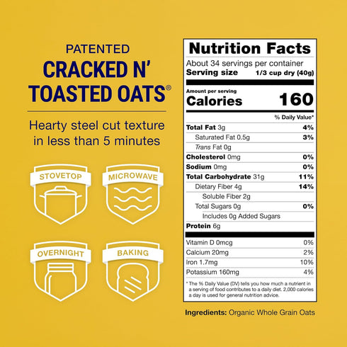 3 lbs COACH'S OATS Organic Whole Grain Oatmeal | Cracked n Toasted | Quick-Cooking, Steel Cut Texture | Heart-Healthy