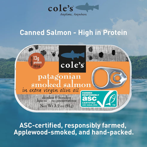 Packed 3.2 oz COLE'S SEAFOOD - Hand Smoked Salmon in Olive Oil, Preservative Free Seafood, Canned Fish, High in Protein